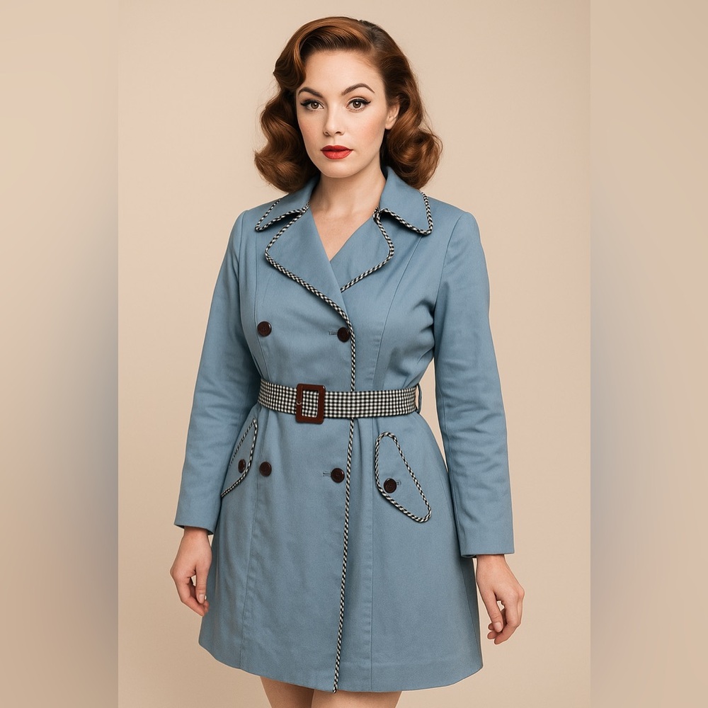 Light Blue Vintage Double Breasted Pea Coat Trench Coat. Size S